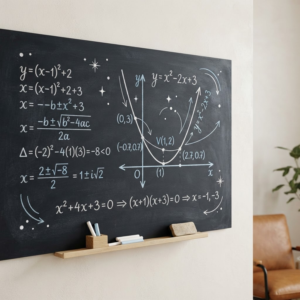 Chalkboard with hand-drawn algebra equations and a parabola